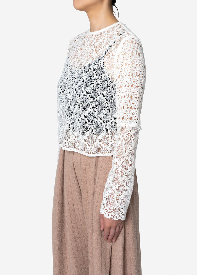 Floral Geometric Chemical Lace Short Blouse in White