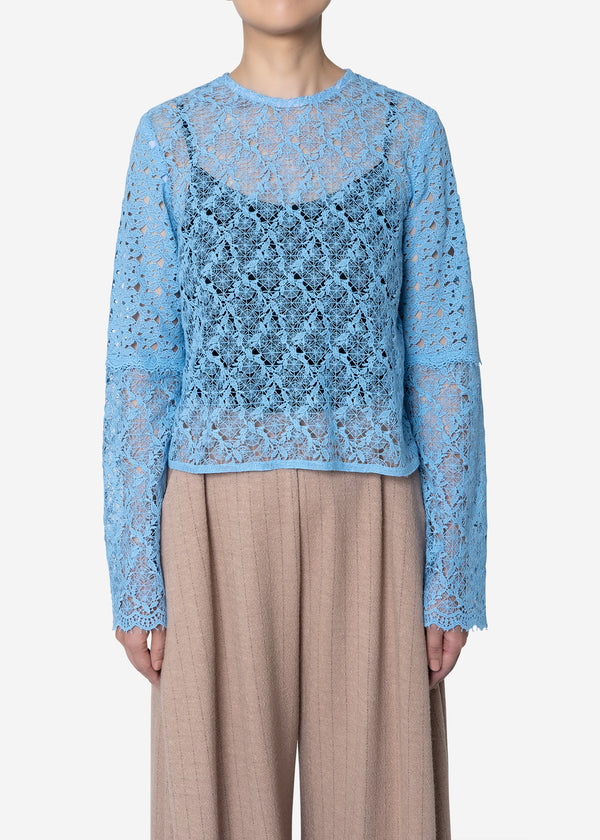 Floral Geometric Chemical Lace Short Blouse in Blue