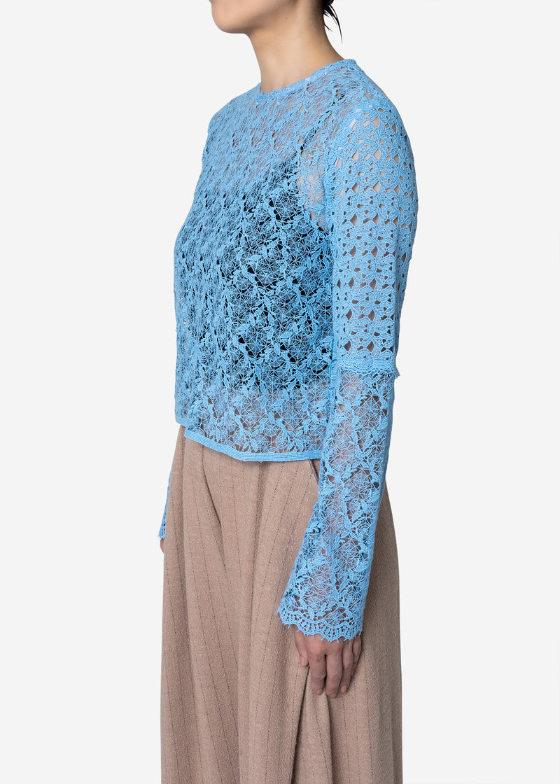 Floral Geometric Chemical Lace Short Blouse in Blue