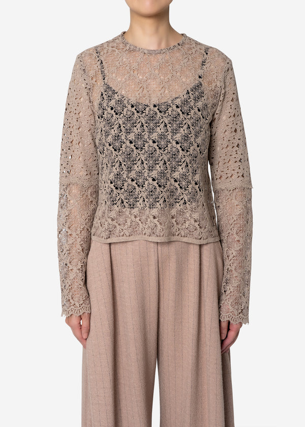 Floral Geometric Chemical Lace Short Blouse in Beige