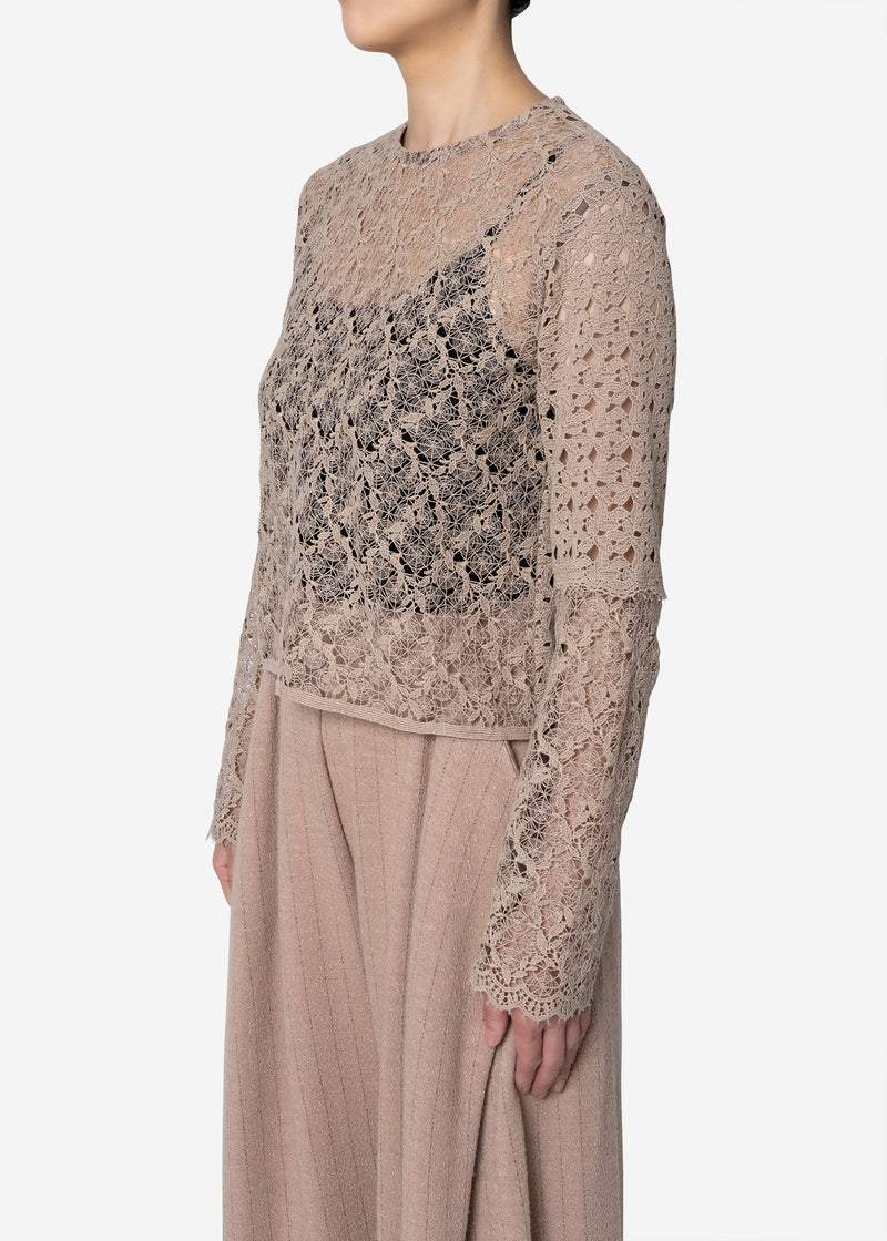 Floral Geometric Chemical Lace Short Blouse in Beige