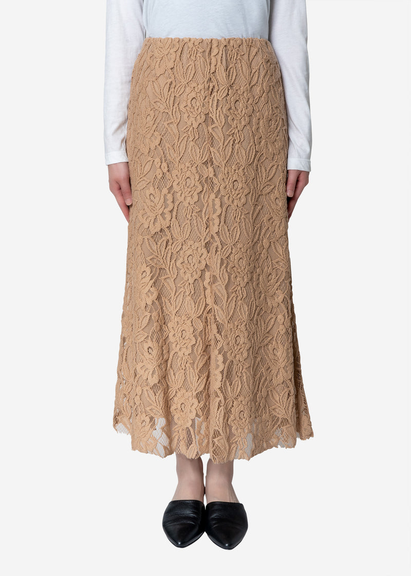 Floral Stretch Lace Skirt in Beige