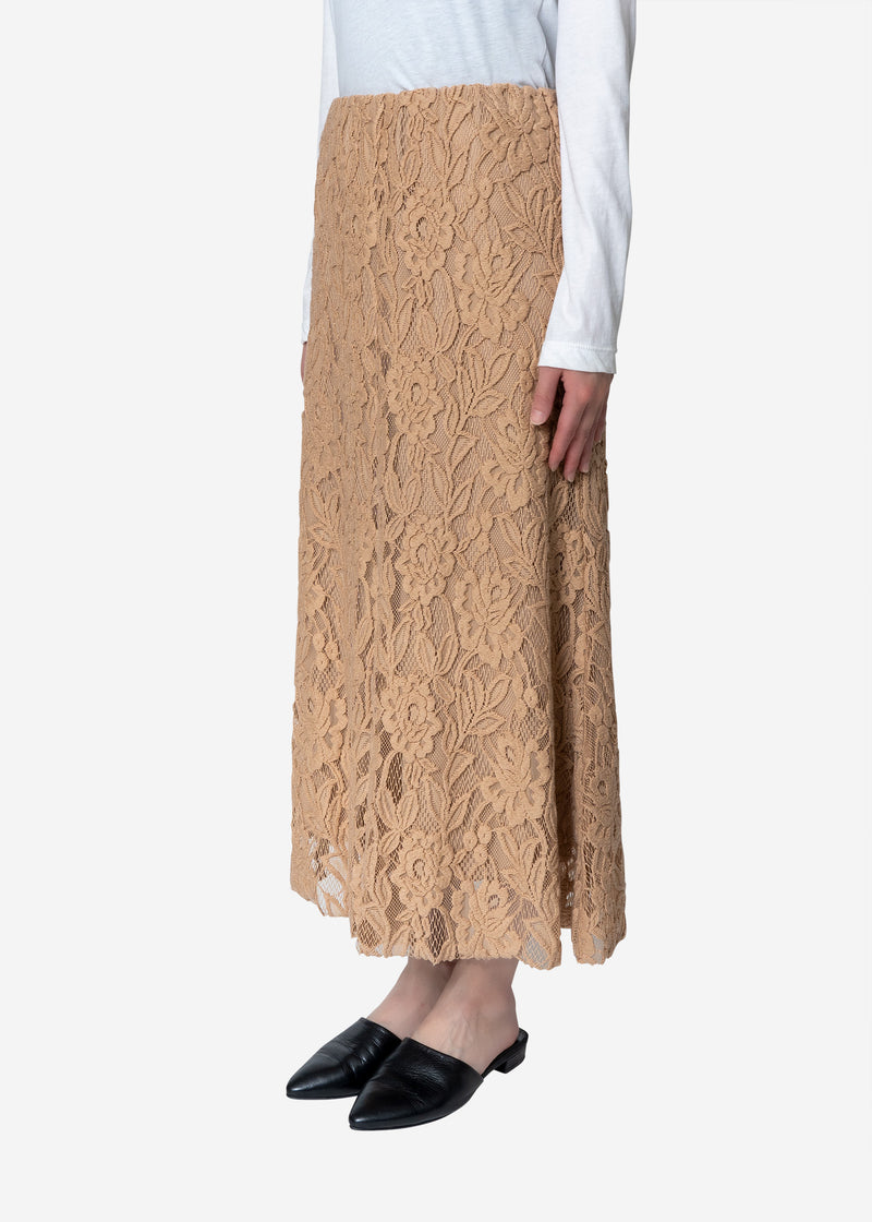Floral Stretch Lace Skirt in Beige