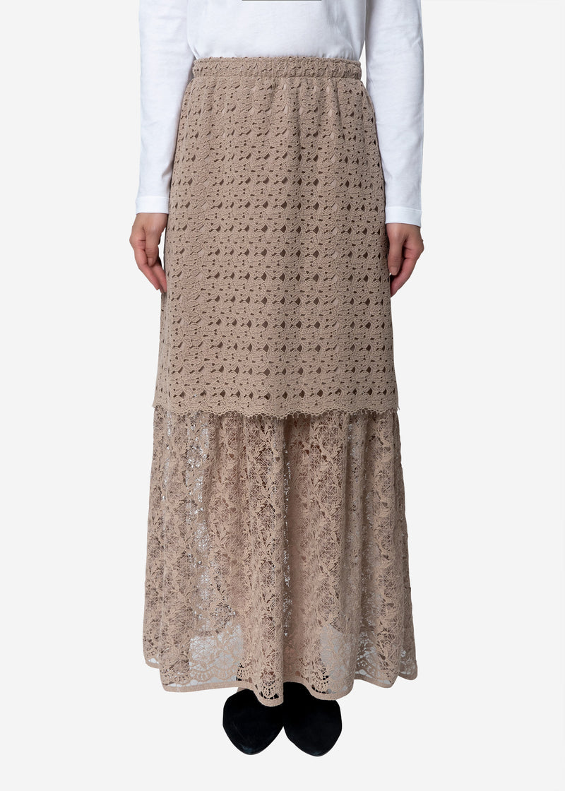 Floral Geometric Chemical Lace Skirt in Beige