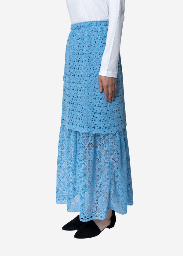 Floral Geometric Chemical Lace Skirt in Blue