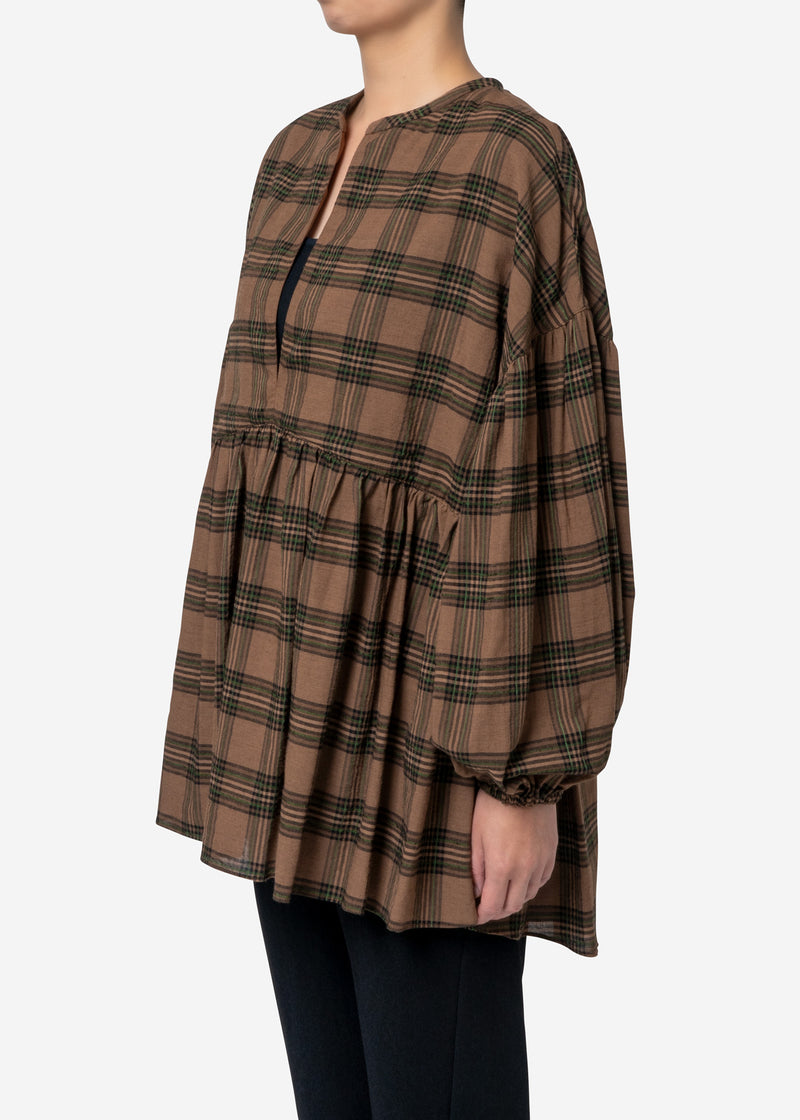 Exclusive Check Gather Blouse in Brown Mix