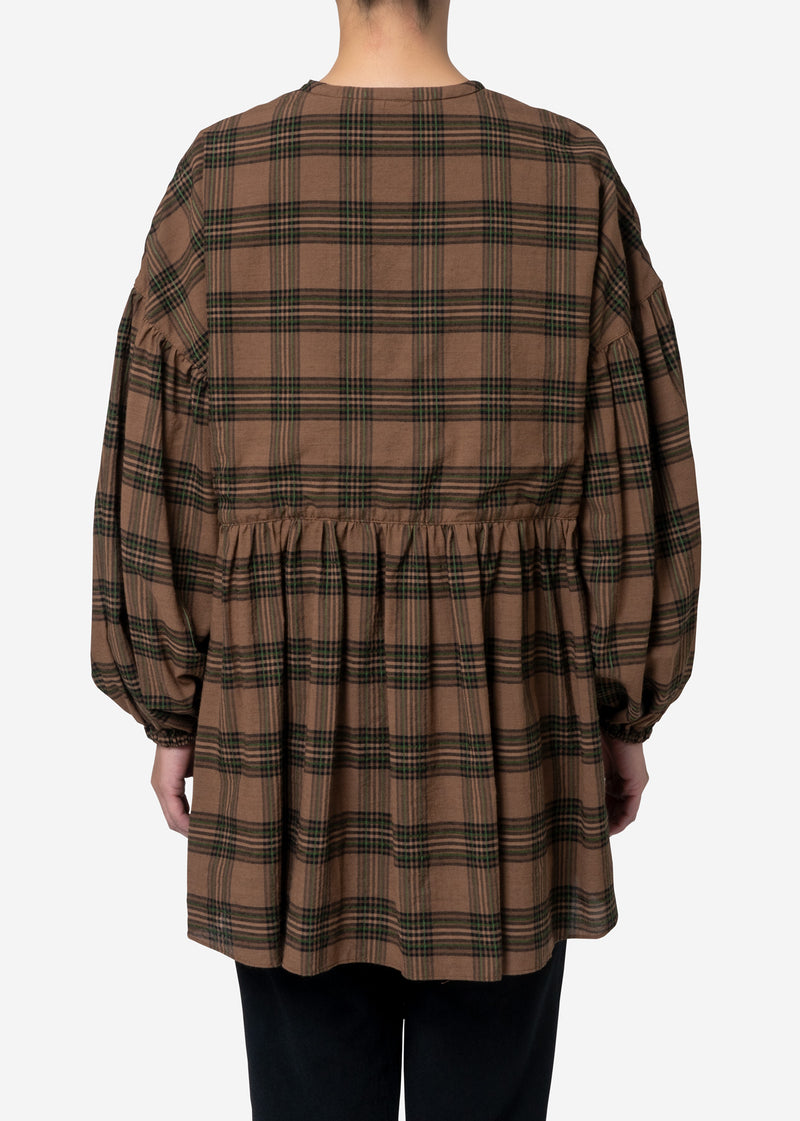 Exclusive Check Gather Blouse in Brown Mix