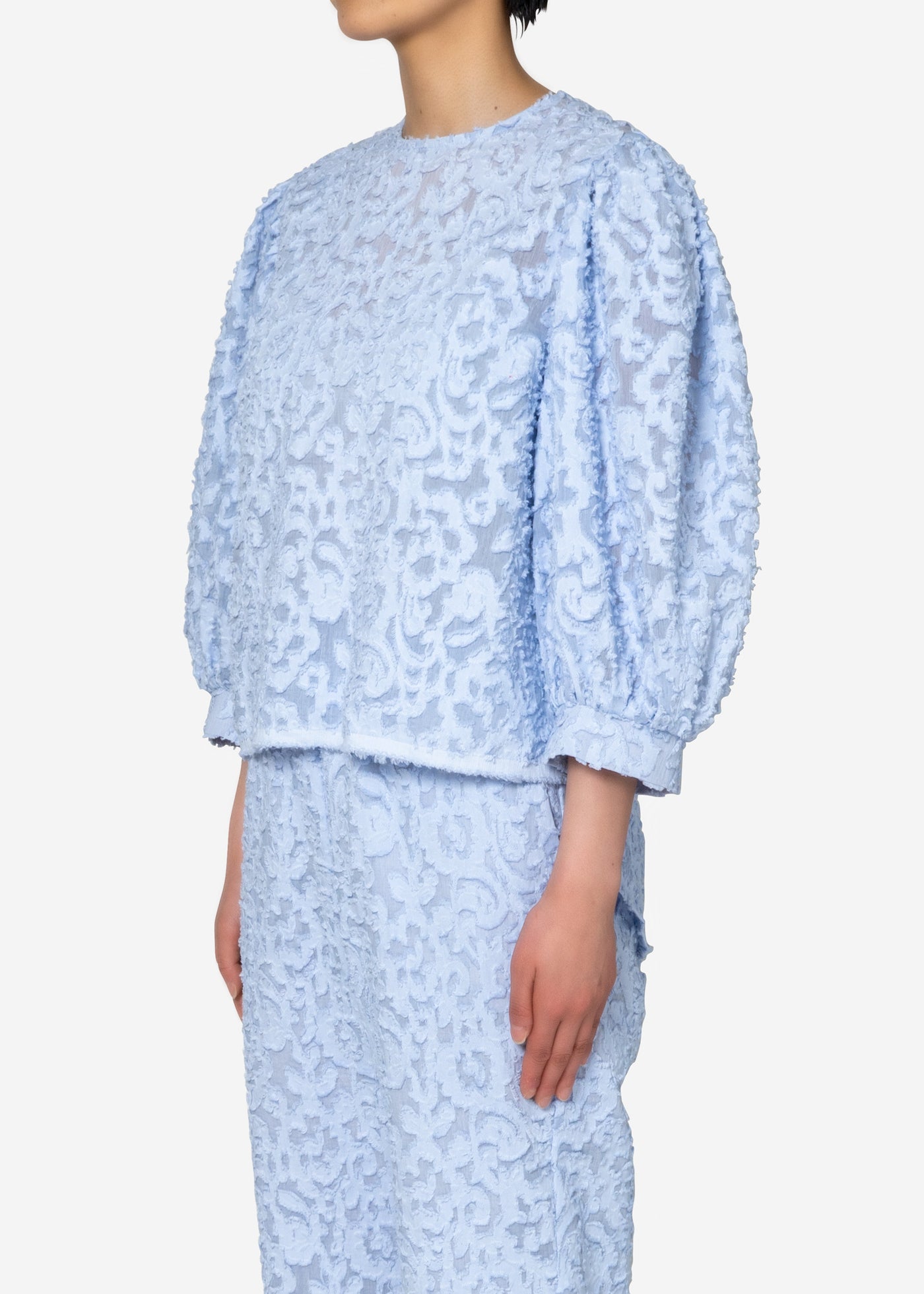 Greed International グリードフラワーカットジャガードブラウスOriginal Flower Cut JQ Puff Blouse  in Light Blue – Greed International Official Online Shop