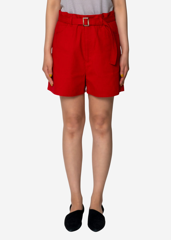 Cotton Linen Belt Short Pants in Red