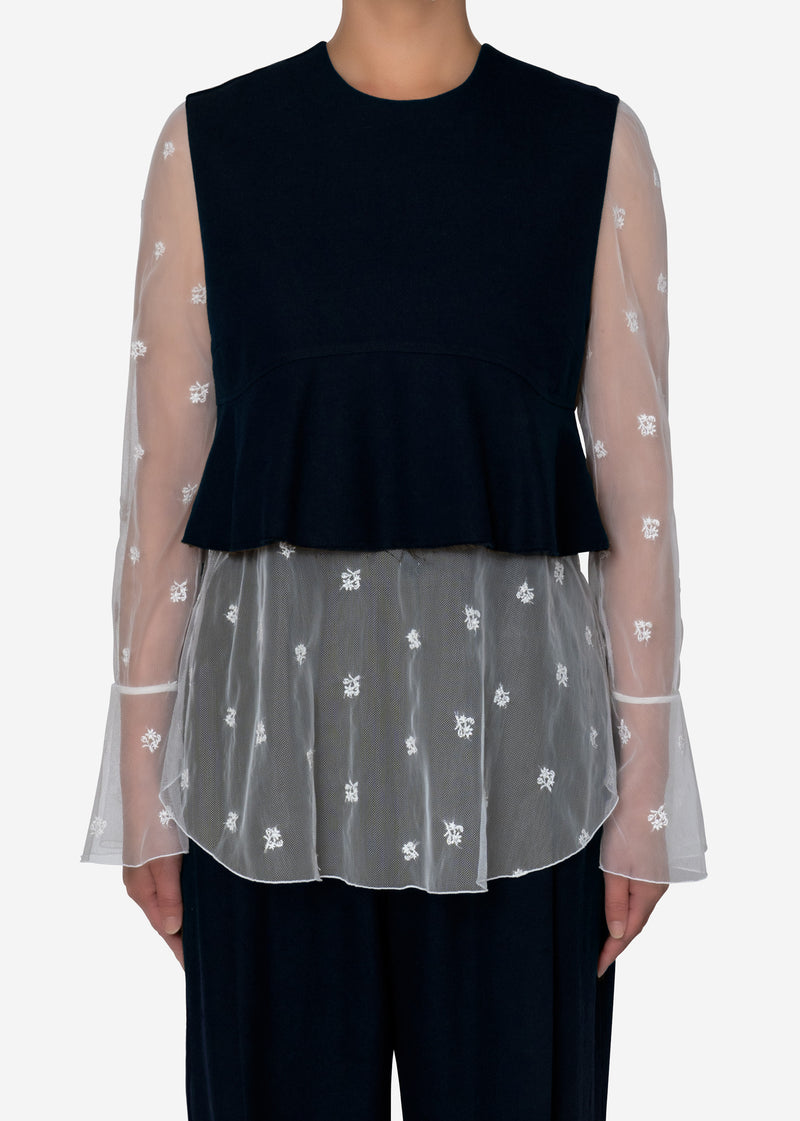 Small Flower embroidery Long Top in Navy