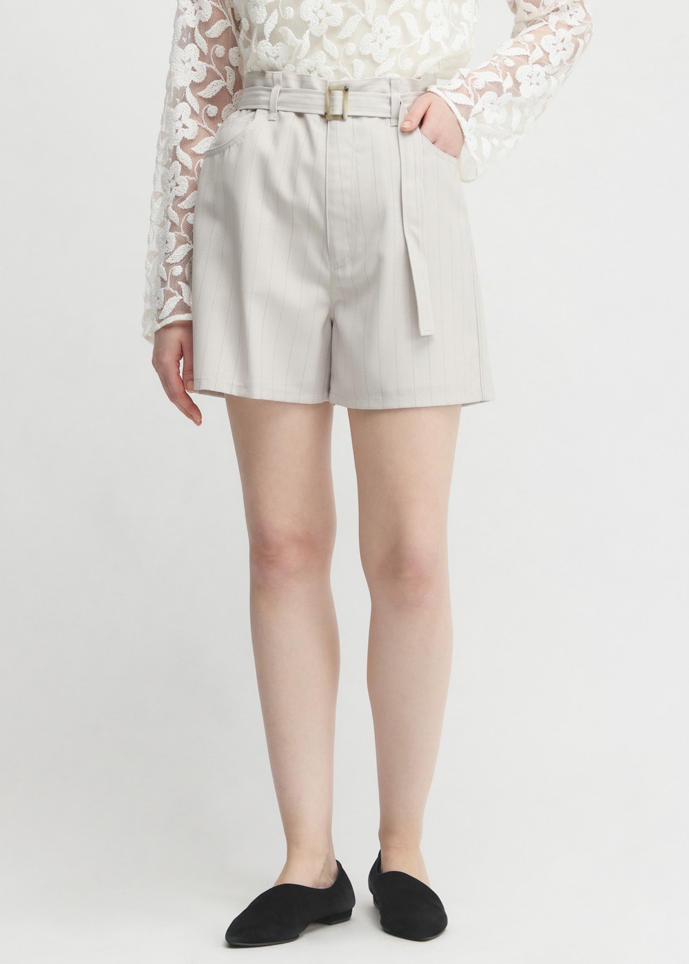 Wool Strong twist yarn Stripe Short Pants 詳細画像 IVORY 4